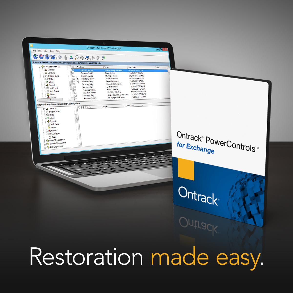 Tape Restore van een exchange back-up: box shot Ontrack PowerControls met laptop op de achtergrond met UI_May 2024